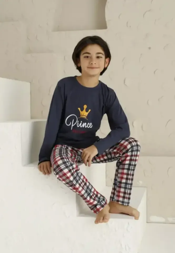 Pijama băieți bleumarin, bluză cu mânecă lungă și pantaloni lungi, model Prince