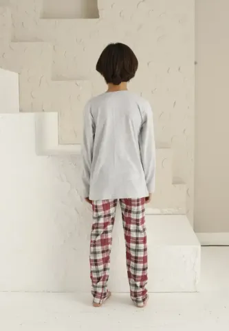 Pijama băieți gri, bluză cu mânecă lungă și pantaloni lungi, imprimeu Super Kids hover