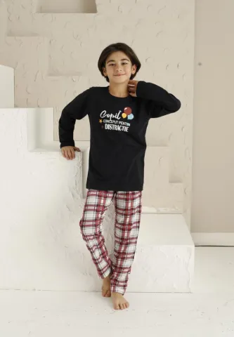 Pijama băieți, bluză cu mânecă lungă și pantaloni lungi, imprimeu Copil Distracție