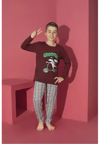 Pijama băieți bordo, bluză cu mânecă lungă și pantaloni lungi, imprimeu Scooter