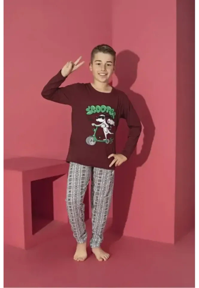 Pijama băieți bordo, bluză cu mânecă lungă și pantaloni lungi, imprimeu Scooter