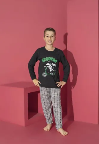 Pijama băieți negru, bluză cu mânecă lungă și pantaloni lungi, imprimeu Scooter