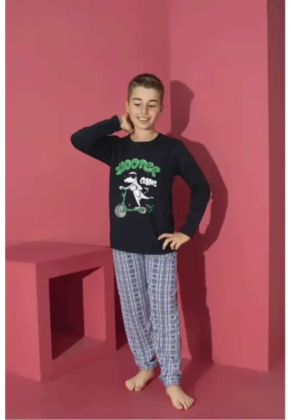 Pijama băieți bleumarin, bluză cu mânecă lungă și pantaloni lungi, imprimeu Scooter - 1