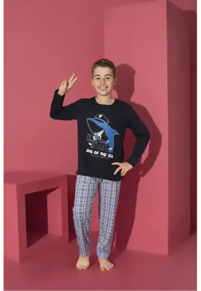 Pijama băieți bleumarin, bluză cu mânecă lungă și pantaloni lungi, imprimeu King Of The Sea