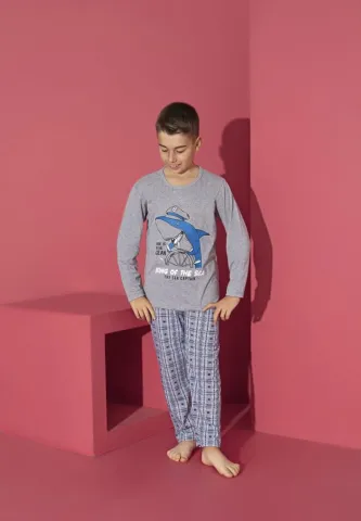 Pijama băieți gri, bluză cu mânecă lungă și pantaloni lungi, imprimeu King Of The Sea
