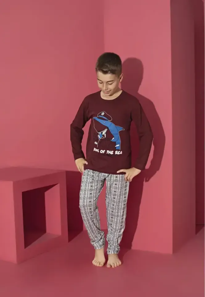 Pijama băieți bordo, bluză cu mânecă lungă și pantaloni lungi, imprimeu King Of The Sea