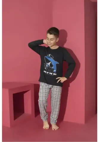 Pijama băieți negru, bluză cu mânecă lungă și pantaloni lungi, imprimeu King Of The Sea