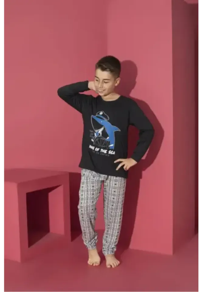 Pijama băieți negru, bluză cu mânecă lungă și pantaloni lungi, imprimeu King Of The Sea