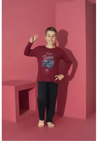 Pijama băieți bordo, bluză cu mânecă lungă și pantaloni lungi, imprimeu Motoretă