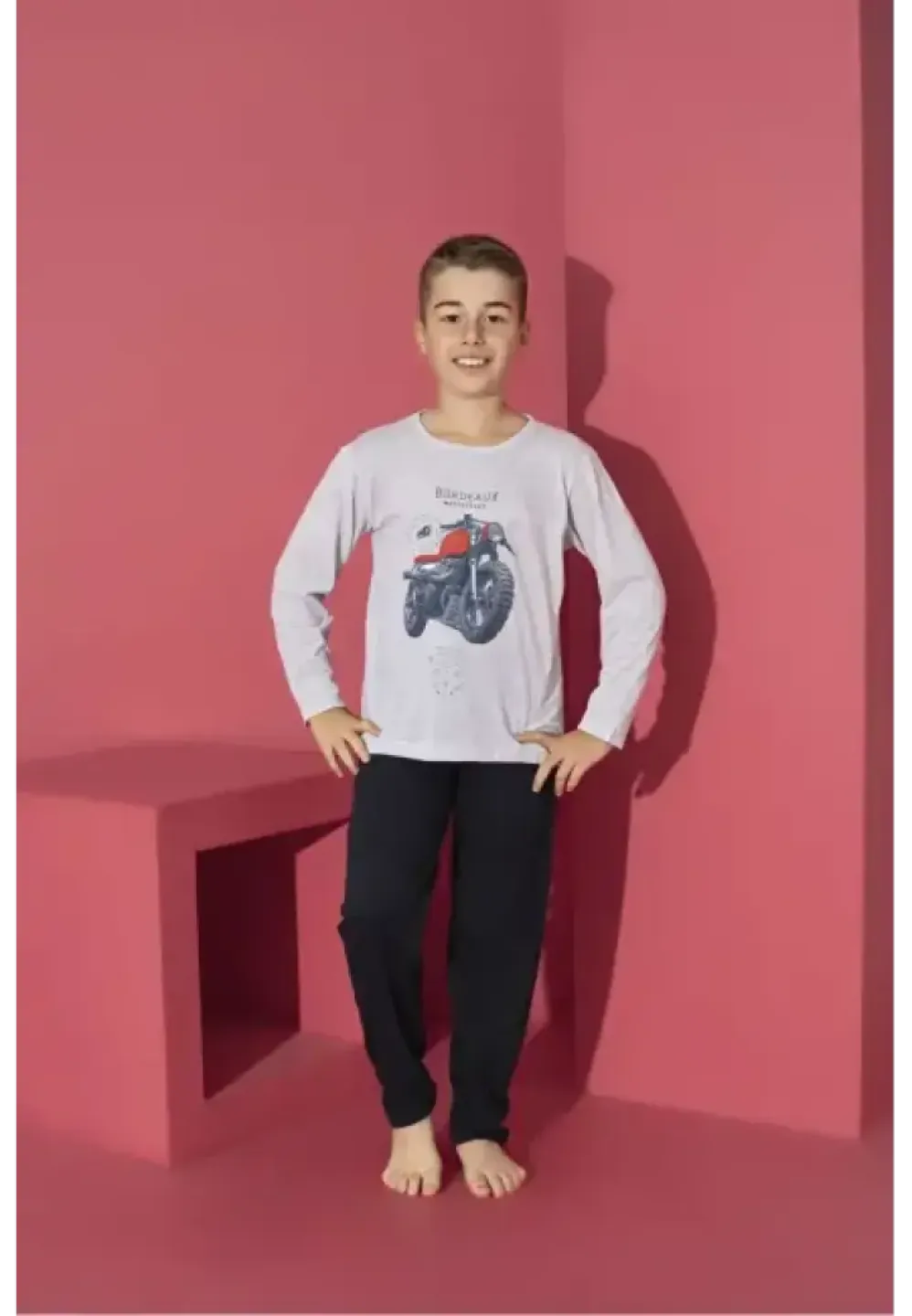 Pijama băieți gri, bluză cu mânecă lungă și pantaloni lungi, imprimeu Motoretă - 1