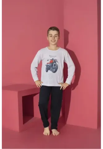 Pijama băieți gri, bluză cu mânecă lungă și pantaloni lungi, imprimeu Motoretă