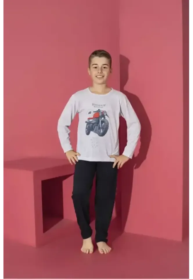 Pijama băieți gri, bluză cu mânecă lungă și pantaloni lungi, imprimeu Motoretă