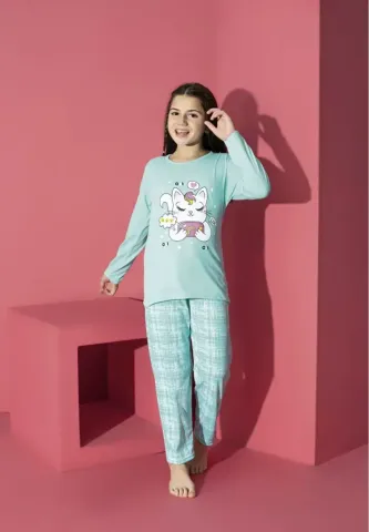 Pijama Fete, Mânecă Lungă și Pantaloni Lungi, Imprimeu Pisicuța, Blue