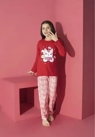 Pijama Fete, Mânecă Lungă, Pantaloni Lungi, Imprimeu Pisicuța, Roșu
