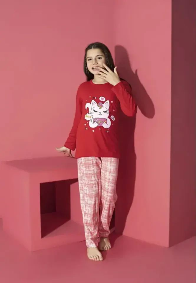 Pijama Fete, Mânecă Lungă, Pantaloni Lungi, Imprimeu Pisicuța, Roșu