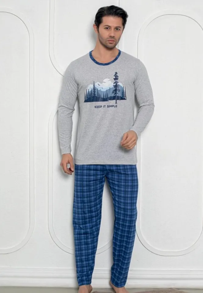 Pijama barbat cu mâneci și pantaloni lungi, model Keep It Smile gri