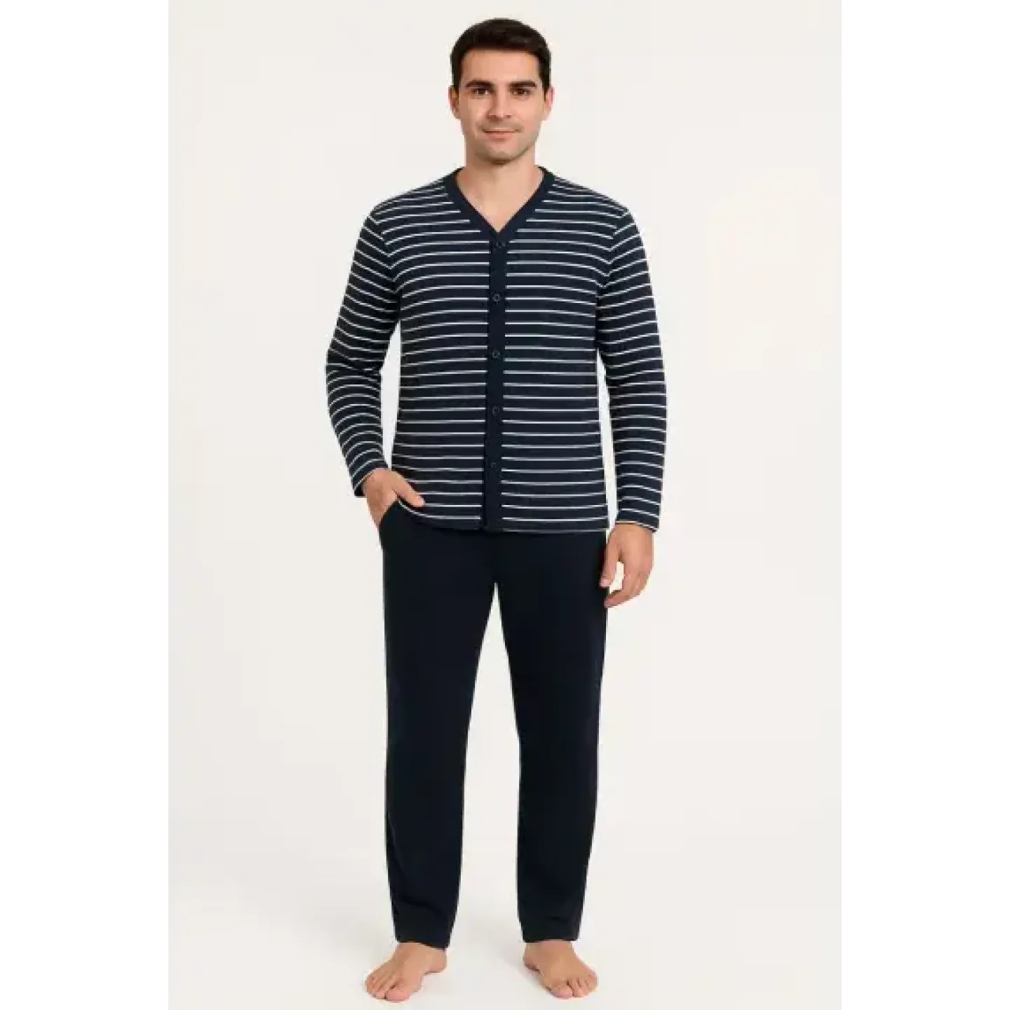 Pijama barbat din bumbac bleumarin, mâneci lungi și pantaloni lungi pentru relaxare - 1