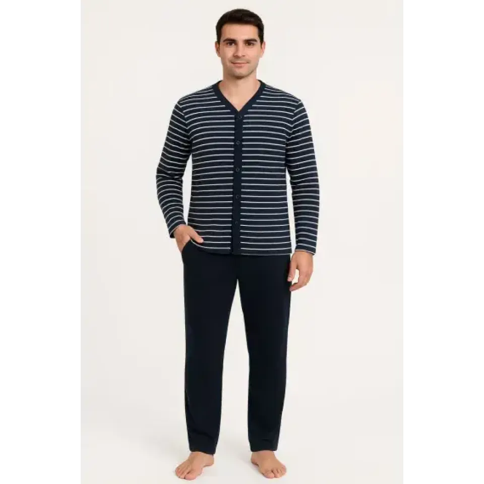 Pijama barbat din bumbac bleumarin, mâneci lungi și pantaloni lungi pentru relaxare