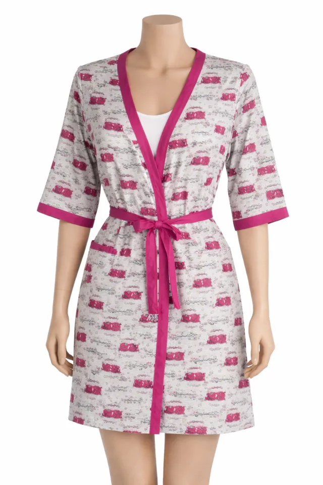 Halat damă gri cu model și cordon, confortabil pentru acasă