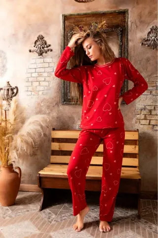 Pijama damă cu inimioare, roșie, bumbac, mâneci și pantaloni lungi