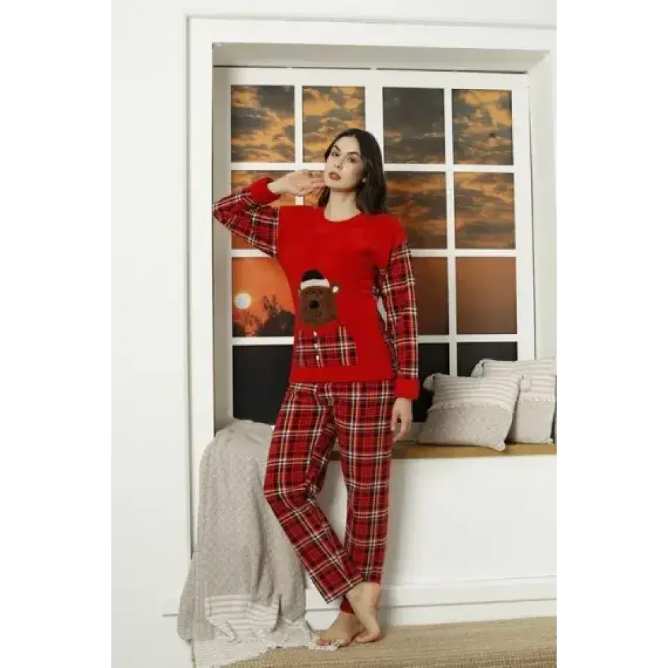 Pijama damă cocolino, confortabilă și moale, roșie, cu imprimeu ursuleț drăguț