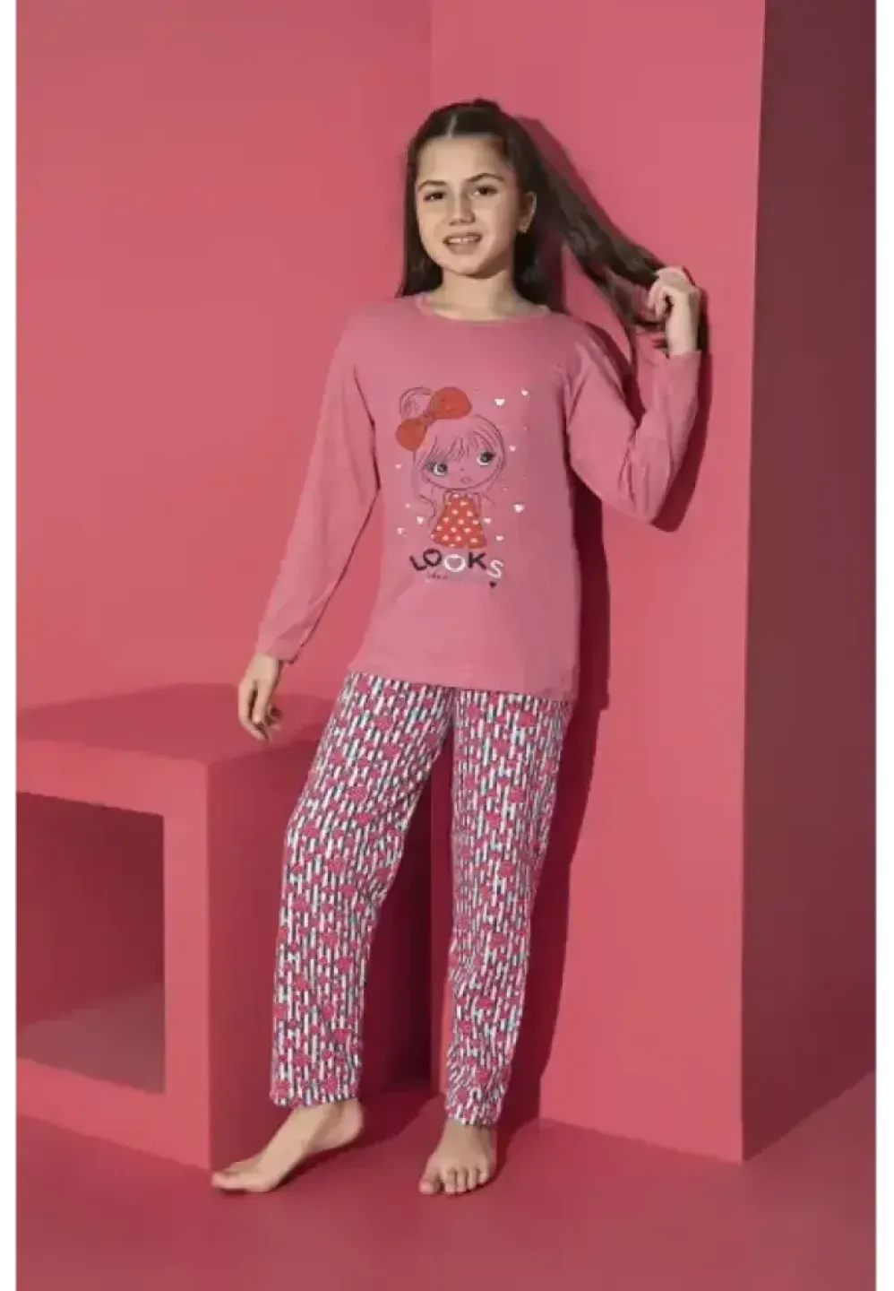 Pijama fete cu imprimeu Looks, culoare roz închis, bluza și pantaloni lungi - 1