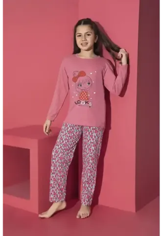 Pijama fete cu imprimeu Looks, culoare roz închis, bluza și pantaloni lungi