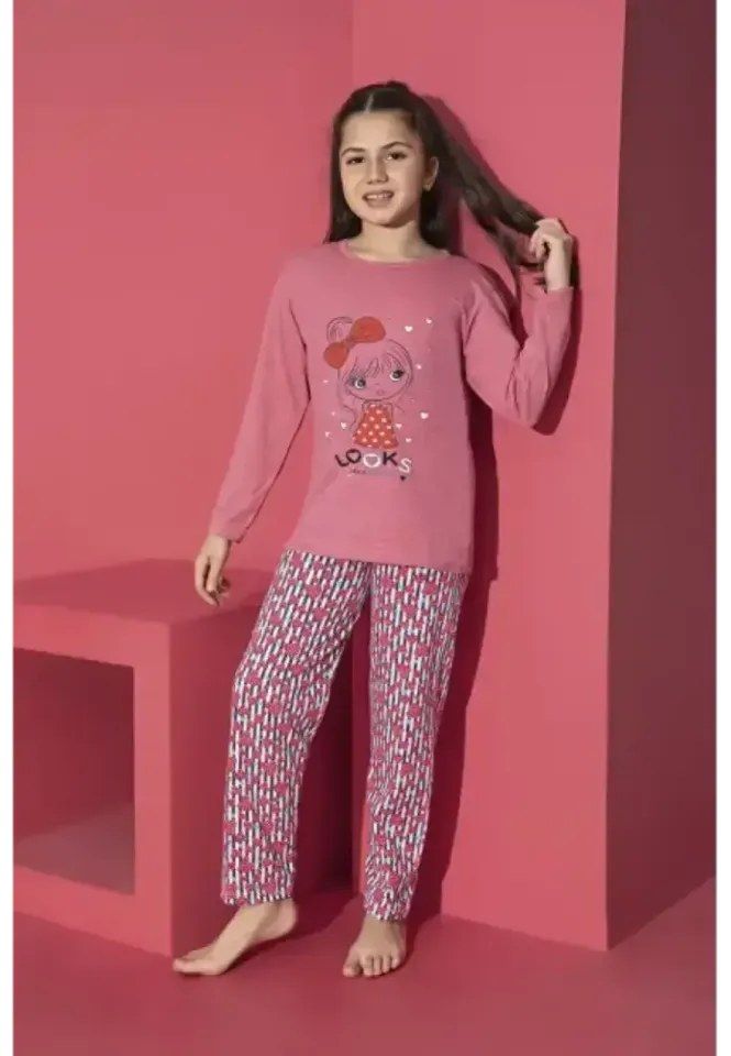 Pijama fete cu imprimeu Looks, culoare roz închis, bluza și pantaloni lungi