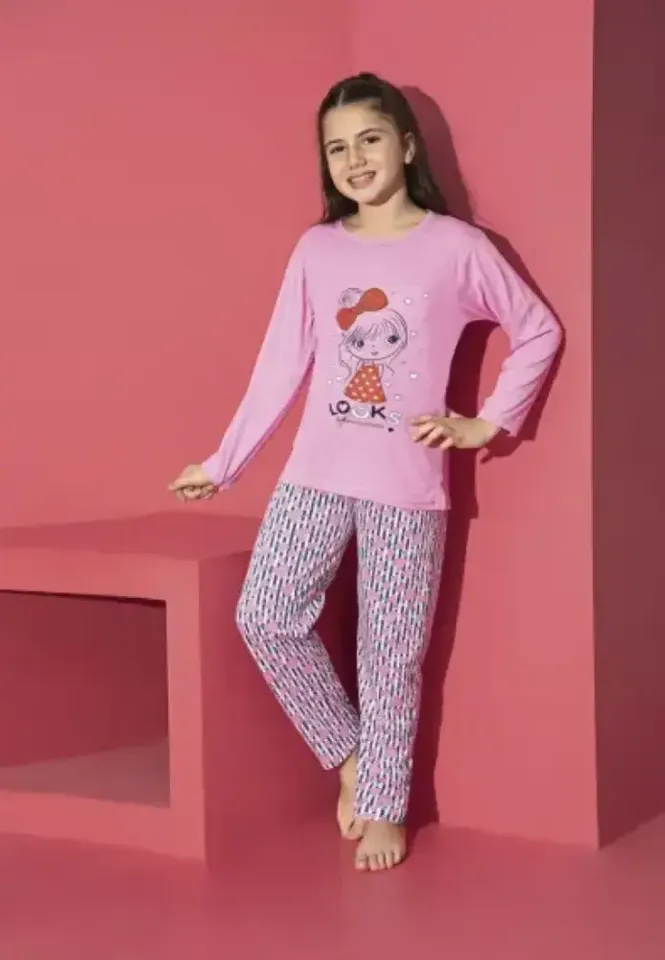 Pijama fete cu imprimeu Looks, culoare roz, bluză și pantaloni lungi
