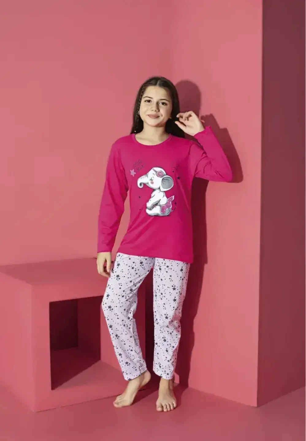 Pijama fete cu imprimeu elefant, culoare fucsia, bluză și pantaloni lungi - 1