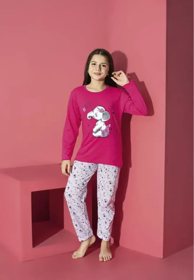 Pijama fete cu imprimeu elefant, culoare fucsia, bluză și pantaloni lungi
