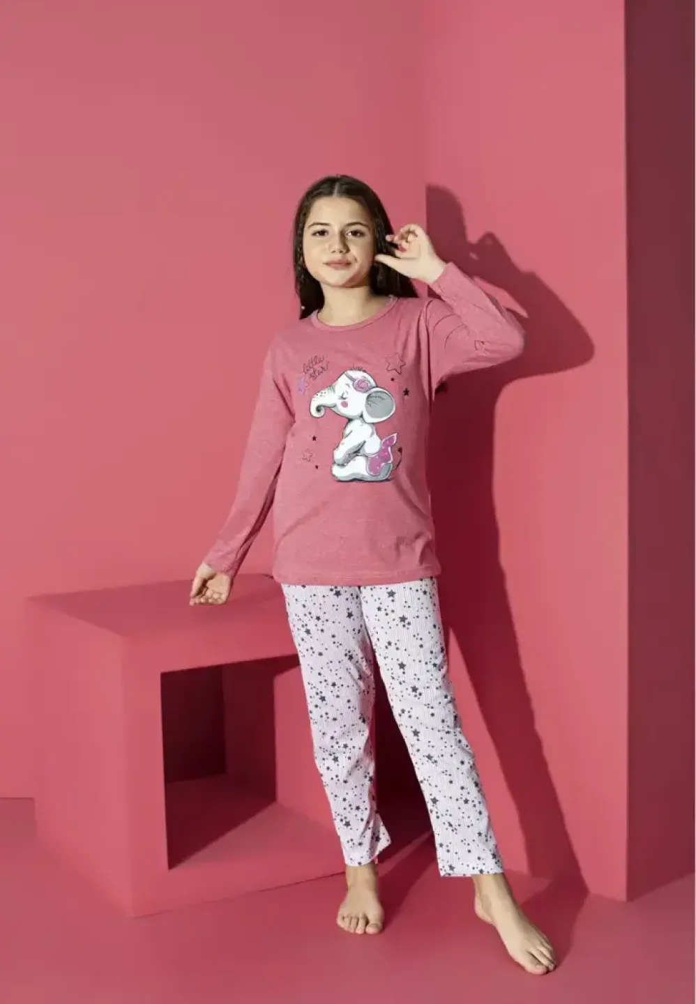 Pijama fete cu imprimeu elefant, culoare roz deschis, bluză și pantaloni lungi - 1