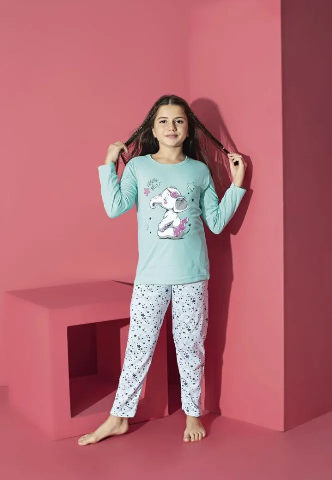 Pijama fete cu imprimeu elefant, culoare blue, bluză și pantaloni lungi