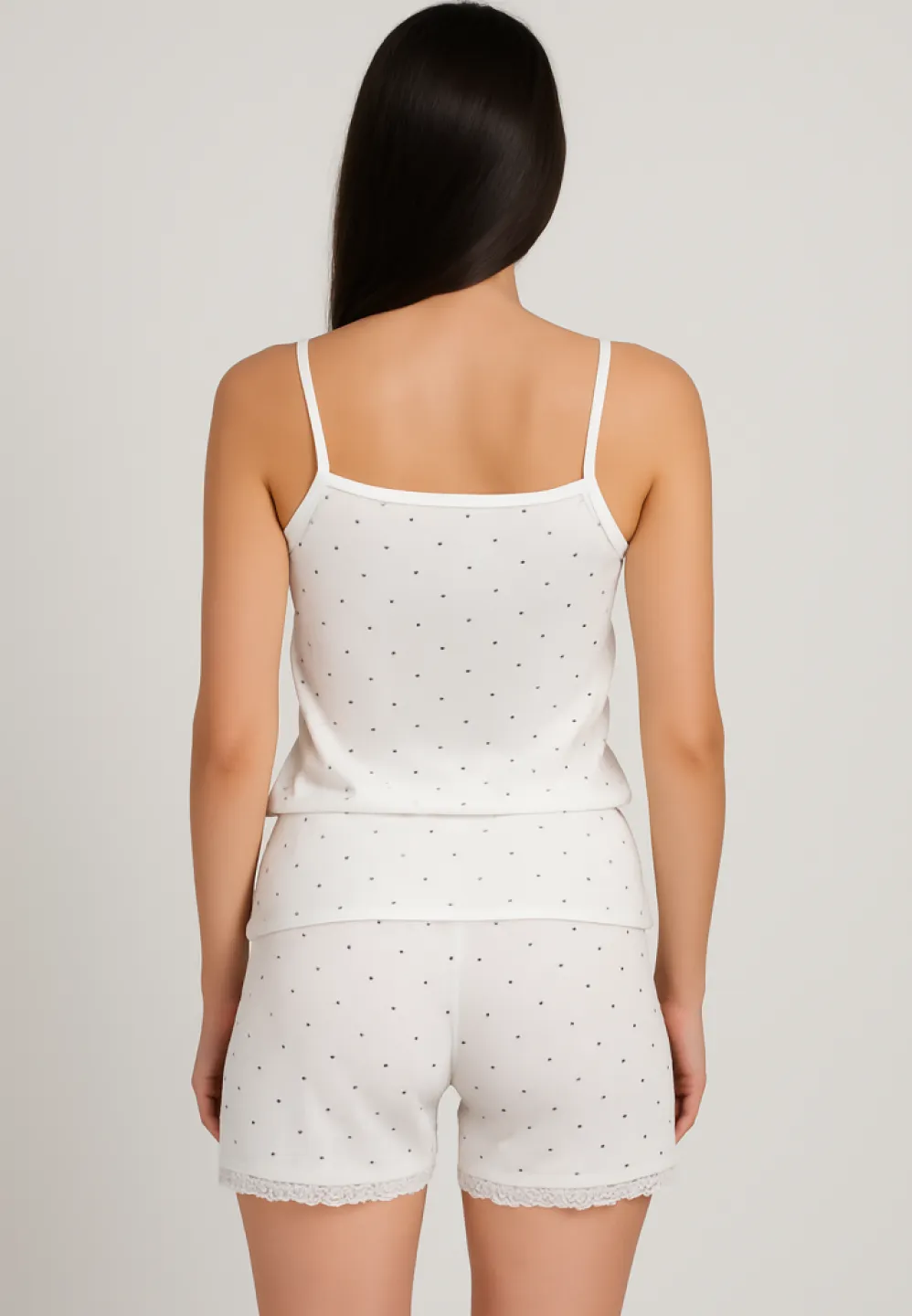 Pijama damă maiou cu bretele subțiri și dantelă + pantaloni scurți cu imprimeu buline - 2