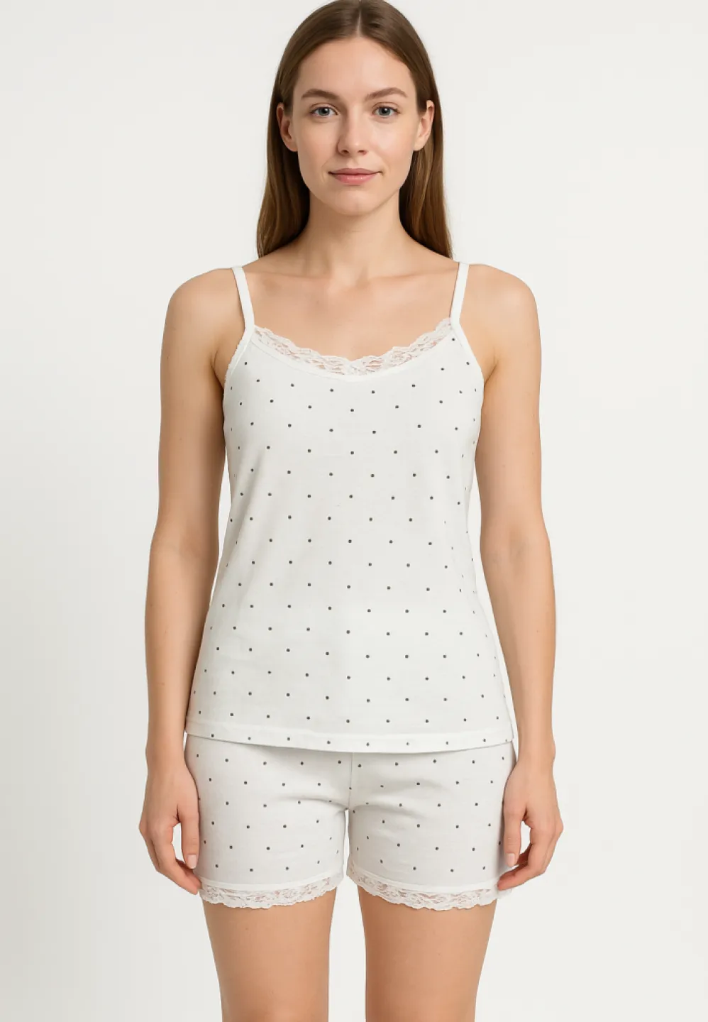 Pijama damă maiou cu bretele subțiri și dantelă + pantaloni scurți cu imprimeu buline - 1