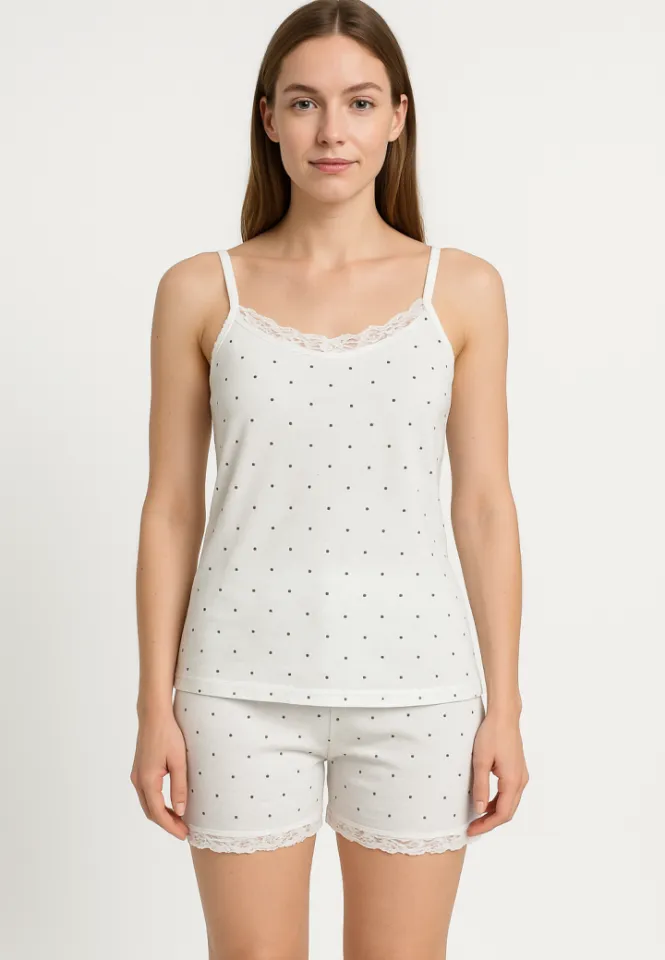 Pijama damă maiou cu bretele subțiri și dantelă + pantaloni scurți cu imprimeu buline