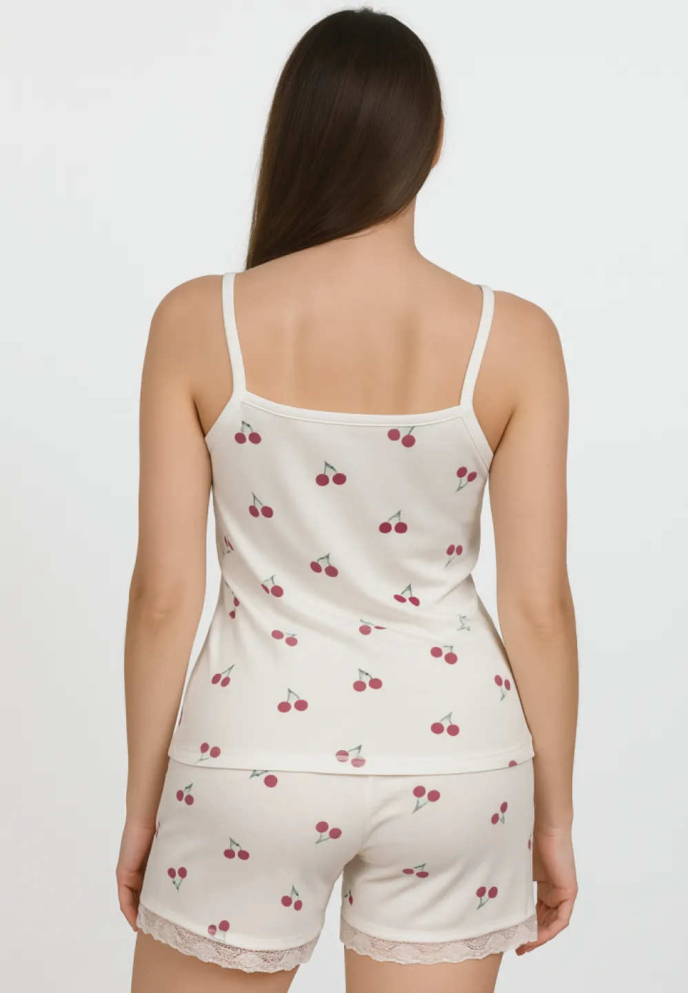 Pijama damă: maiou cu bretele subțiri și short cu imprimeu cireșe - 2