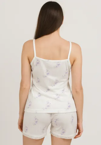 Pijama damă: maiou cu bretele subțiri și short cu imprimeu flori mov hover