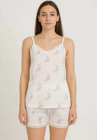 Pijama damă: maiou cu bretele subțiri și short cu imprimeu flori mov