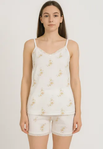 Pijama damă: maiou cu bretele subțiri și short cu imprimeu flori galbene