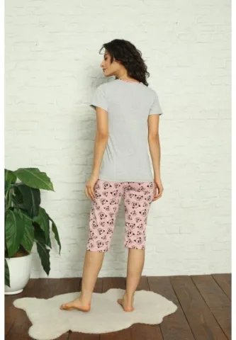 Pijama damă gri: tricou și pantalon 3/4 cu imprimeu ursuleți hover