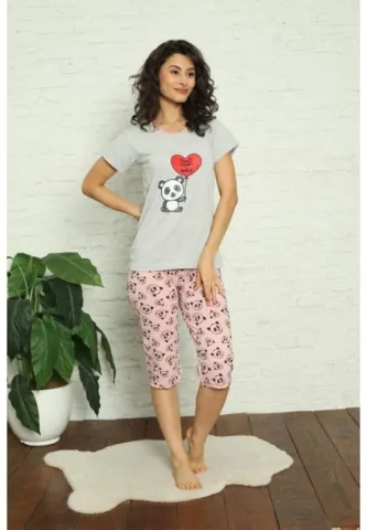 Pijama damă gri: tricou și pantalon 3/4 cu imprimeu ursuleți