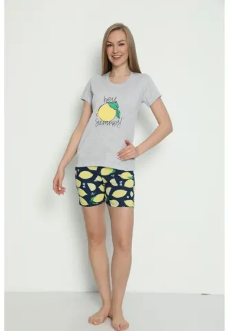 Pijama damă gri tricou cu mânecă scurtă și pantaloni scurți Hey Summer