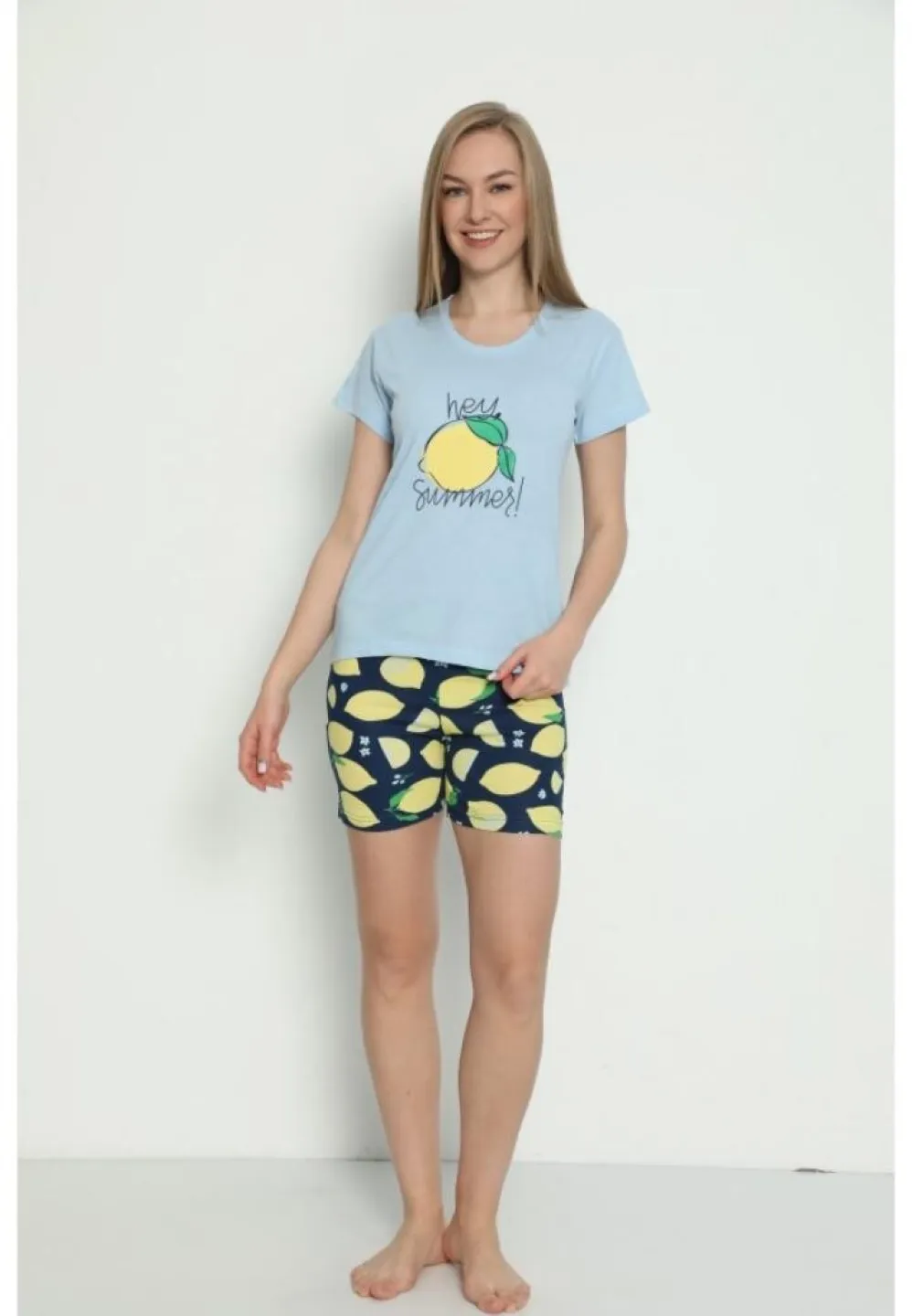 Pijama damă albastru tricou cu mânecă scurtă și pantaloni scurți Hey Summer - 1