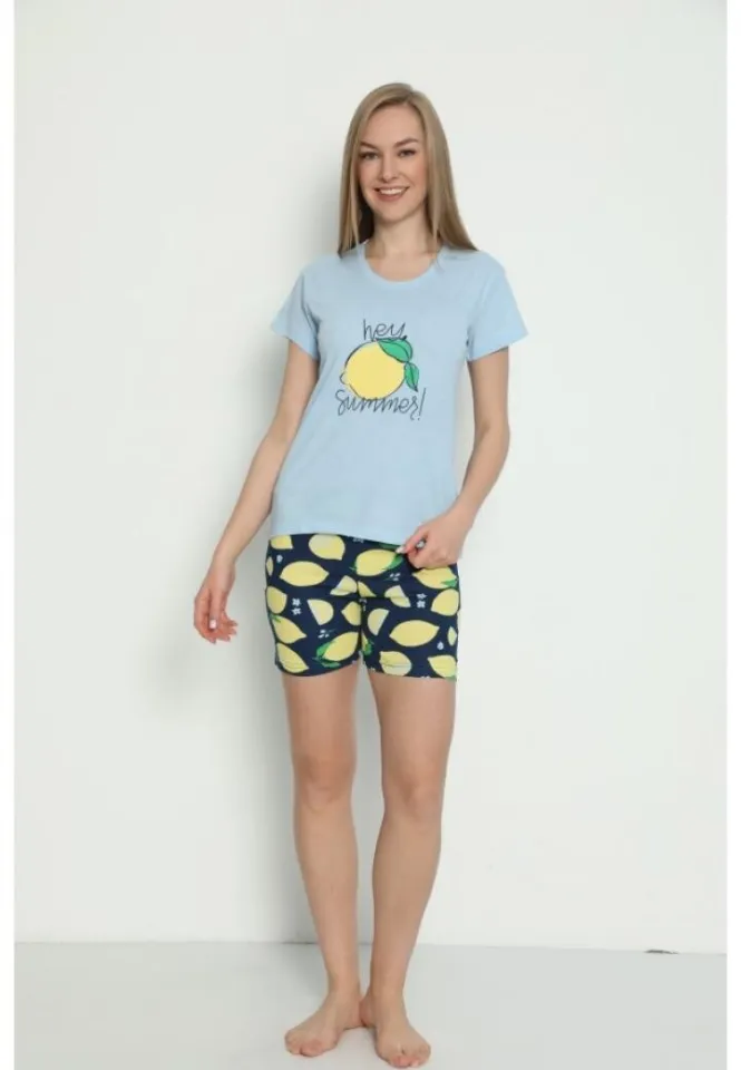 Pijama damă albastru tricou cu mânecă scurtă și pantaloni scurți Hey Summer