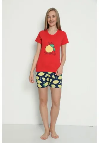 Pijama damă roșu tricou cu mânecă scurtă și pantaloni scurți Hey Summer