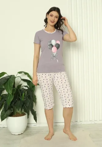 Pijama damă mov: set mâneci + pantaloni 3/4 cu imprimeu baloane jucăușe