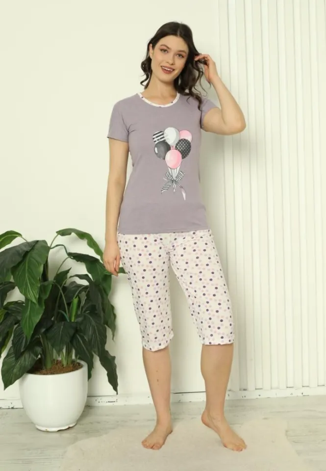 Pijama damă mov: set mâneci + pantaloni 3/4 cu imprimeu baloane jucăușe