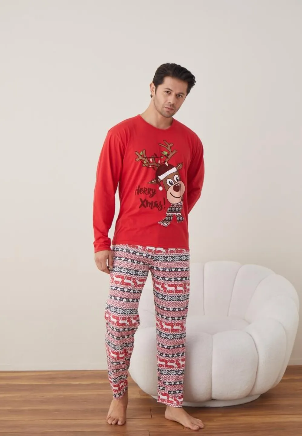 Pijama Craciun Barbat Maneca Lunga Pantaloni Lungi Rosu,Herry Xmas - 3