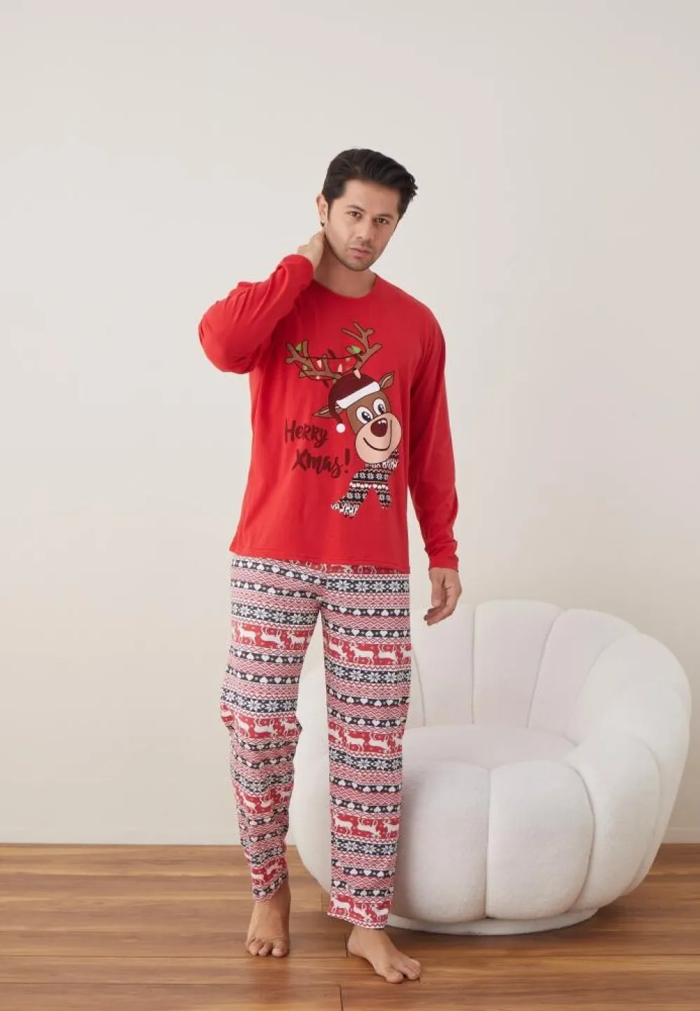Pijama Craciun Barbat Maneca Lunga Pantaloni Lungi Rosu,Herry Xmas - 4